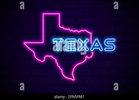 la lampada al neon che illumina lo stato degli Stati Uniti del texas indica un'illustrazione vettoriale realistica Parete blu mattone bagliore Illustrazione Vettoriale