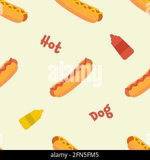 National Hot Dog Day vettore modello senza giunture con diversi hotdog. Illustrazione Vettoriale