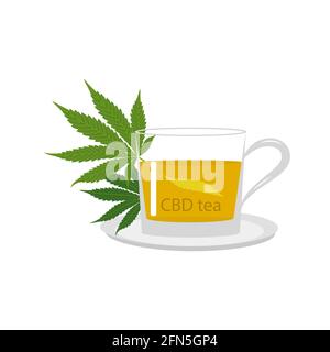 Tazza da tè CBD e foglie verdi di marijuana medica isolate su sfondo bianco. Canapa sana, cannabis, illustrazione vettoriale. Illustrazione Vettoriale