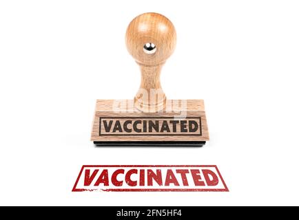 Impronta in gomma di legno con testo VACCINATO su bianco sfondo Foto Stock