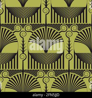 Ripetizione continua. Modello di ispirazione orientale art deco in nero e verde mussoso. Illustrazione Vettoriale