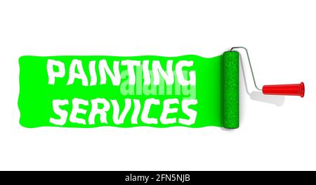 Servizi di pittura. Vernici a rullo di colore verde con SERVIZI di pittura di testo su una superficie bianca. Isolato. Illustrazione 3D Foto Stock