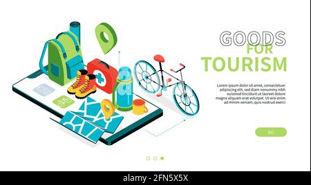 Merci per il turismo - banner Web isometrico moderno e colorato con spazio di copia per il testo. Vacanze all'aperto, avventura, backpacking idea. Attrezzatura da trekking, b Illustrazione Vettoriale