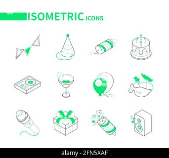 Festa di compleanno celebrazione - moderna linea icone isometriche. Simboli delle festività, elementi del festival. Bandiere, cappello, petardo, torta, cocktail, bollature, maschera, micr Illustrazione Vettoriale
