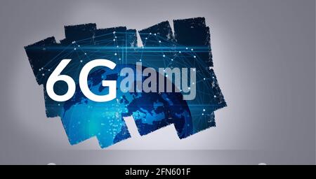 Composizione di testo 6g su rete di connessioni con globo su grigio Foto Stock