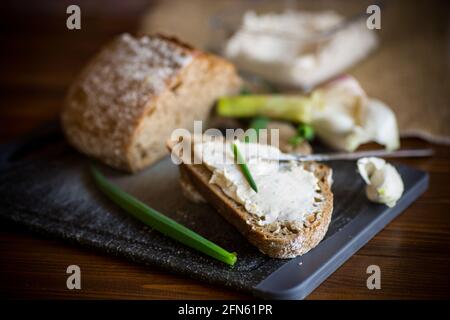 Pane di grano saraceno fatto in casa con formaggio all'aglio spalmato su un legno tabella Foto Stock