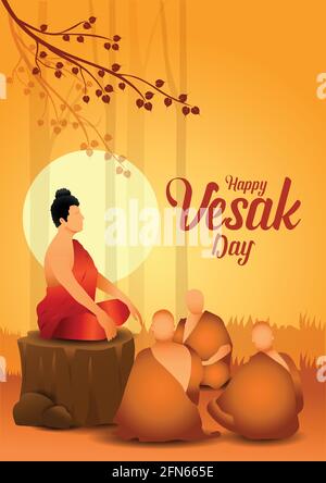 Buon giorno di Vesak, Buddha Purnima augura ai buddha di salutare con la natura. Può essere utilizzato per poster, banner, logo, sfondo, saluti, design di stampa, festi Illustrazione Vettoriale