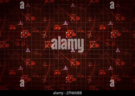 Radar militare rosso con tracce di aerei e segni di destinazione, ampio sfondo dettagliato Illustrazione Vettoriale