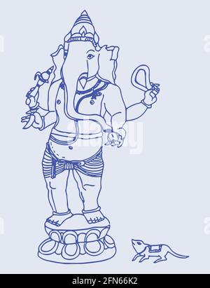 O schizzo della silhouette di Lord Ganesha e illustrazione del contorno modificabile Foto Stock