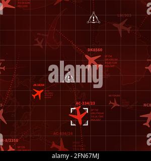 Radar militare rosso dettagliato con tracce di aerei e cartelli di destinazione ripetizione senza giunture Illustrazione Vettoriale
