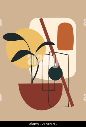 Astratto sfondo estetico contemporaneo con foglia. Colori pastello. Decorazioni a parete boho. Stampa d'arte moderna e minimalista di metà secolo. Design piatto. Illustrazione Vettoriale