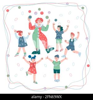 Circus clown giocoleria per felici bambini allegri. Animazione circus bambini, vettore cartoon. Illustrazione Vettoriale