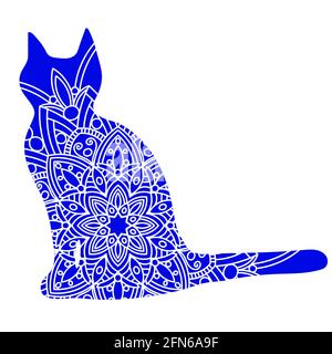 Doodle gatto mandala in blu e bianco per pagina libri da colorare adulti, modello vettoriale animale. Design antistress. Illustrazione Vettoriale
