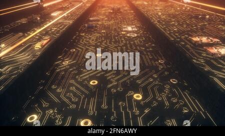 Rendering 3D di una scheda madre con microchip, transistor e semiconduttori Foto Stock