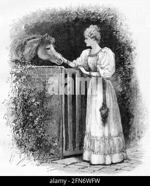Ritratto inciso di una giovane donna che accarezza un pony nelle stalle, circa 1880 Foto Stock