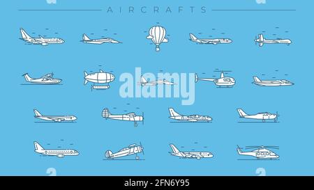 Set di icone vettoriali per stile linea di concetto di velivoli. Illustrazione Vettoriale