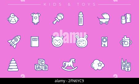 Set di icone vettoriali stile linea concept bambini e giocattoli. Illustrazione Vettoriale