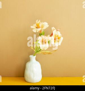 Vaso di fiori di Alstroemeria su tavolo di legno, fondo marrone Foto Stock