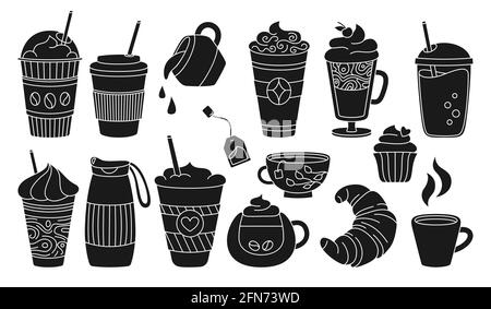 Set di cartoni animati glifo nero per tazza da caffè. Doodle trendy piatto varie tazze per andare. Schiuma di bevande in vetro, croissant. Tè caldo in vetro al cioccolato. Collezione di icone diverse per tazze da caffè monouso. Illustrazione vettoriale Illustrazione Vettoriale