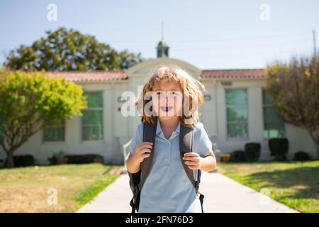 Divertente viso ragazzo scuola. Bambino pupul con zaini nel parco vicino a scuola. Scolaro con zaini all'aperto. Foto Stock