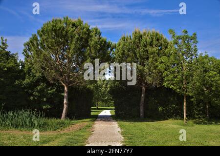 Percorso che conduce ad uno spazio aperto in un parco nella campagna italiana Foto Stock