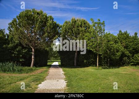 Percorso che conduce ad uno spazio aperto in un parco nella campagna italiana Foto Stock