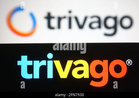 Ucraina. 15 maggio 2021. In questa illustrazione fotografica, il logo Trivago viene visualizzato sullo schermo di uno smartphone e di un pc. (Foto di Pavlo Gonchar/SOPA Images/Sipa USA) Credit: Sipa USA/Alamy Live News Foto Stock