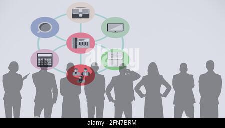 Composizione di una rete di icone digitali online sulle sagome delle persone Foto Stock