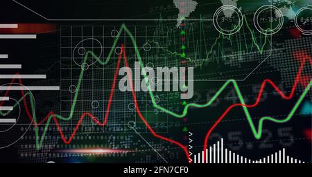 Più grafici sull'elaborazione dei dati statistici e del mercato azionario su sfondo nero Foto Stock