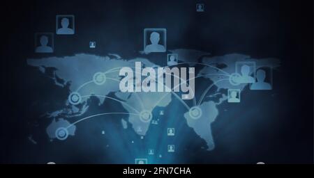 Rete di più icone di profilo su tutto il mondo mappa in blu sfondo Foto Stock