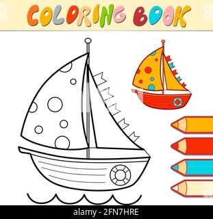 Libro da colorare o pagina per bambini. Imbarcazione in bianco e nero illustrazione vettoriale Illustrazione Vettoriale