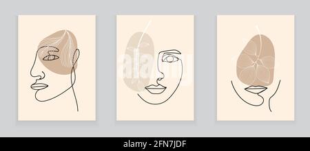 Le donne boho si affacciano sul vettore astratto di arte muraria. Ritratti surreali, viso femminile con foglie in linea stile. Tecnica di contorno geometrico astratto di tendenza, Illustrazione Vettoriale