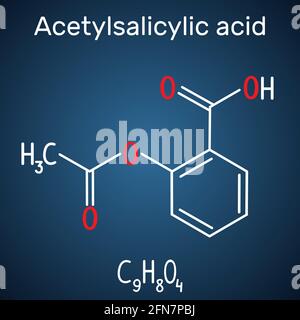 Molecola di acido acetilsalicilico (aspirina, ASA). Formula chimica strutturale e modello molecolare su sfondo blu scuro. Illustrazione vettoriale Illustrazione Vettoriale