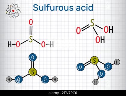 Molecola di acido sulfureo (acido sulfureo, H2S03). Formula chimica strutturale e modello molecolare. Foglio di carta in gabbia. Illustrazione vettoriale Illustrazione Vettoriale