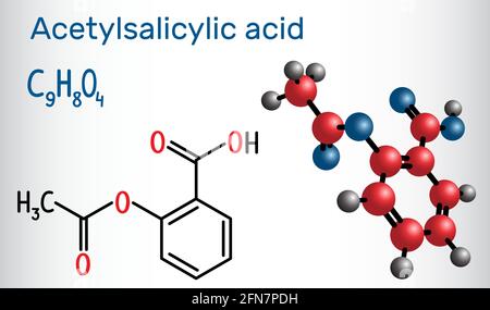 Molecola di acido acetilsalicilico (aspirina, ASA). Formula chimica strutturale e modello molecolare. Illustrazione vettoriale Illustrazione Vettoriale