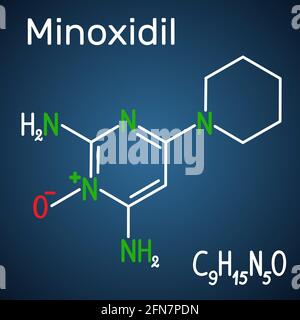 Molecola di minoxidil. Formula chimica strutturale e modello molecolare su sfondo blu scuro. Illustrazione vettoriale Illustrazione Vettoriale