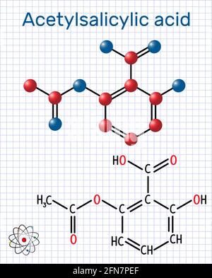 Molecola di acido acetilsalicilico (aspirina, ASA). Formula chimica strutturale e modello molecolare. Foglio di carta in gabbia. Illustrazione vettoriale Illustrazione Vettoriale