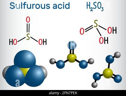 Molecola di acido sulfureo (acido sulfureo, H2S03). Formula chimica strutturale e modello molecolare. Illustrazione vettoriale Illustrazione Vettoriale