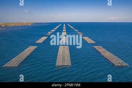 Vista aerea delle fattorie di mitili nella baia di Alfacs (Badia dels Alfacs) al tramonto, nel delta dell'Ebro (provincia di Tarragona, Catalogna, Spagna) Foto Stock