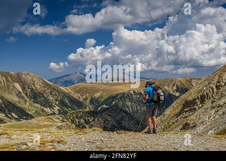 Massiccio del Canigó e passo montano Mentet visto dal passo del Colle de la Marrana (Ripollès, Catalogna, Spagna, Pirenei) Foto Stock