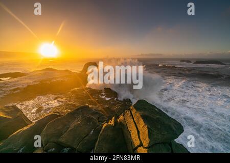 Vista dal capo Dyrholaey, Islanda. Stormy sunrise Foto Stock