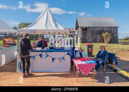 Signore dalla filiale di Castle Hill del Country Women's Assn (CWA) nella loro stalla da tè del Devonshire al Festival Autumn Harvest a Rouse Hill Farm. Foto Stock