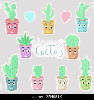 Set di adesivi con cactus. Vettore. Carino personaggi, piante di casa in pentole. Delicati adesivi pronti. Illustrazione Vettoriale