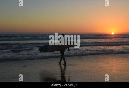 Scenico tramonto mare con una silhouette surfista a piedi nel surf a la Jolla Shores Beach, San Diego California USA. Foto Stock