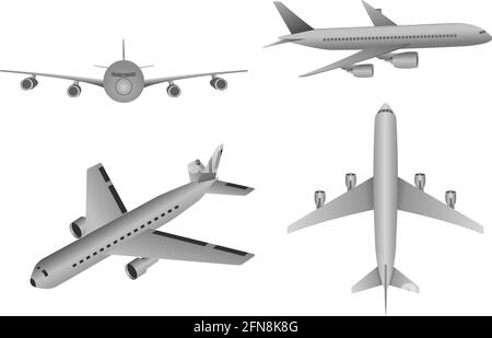 vettore di aereo da angolazioni diverse, isolato su sfondo bianco. Illustrazione Vettoriale