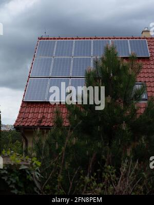 Il tetto di una casa piastrellata è coperto da pannelli solari. C'è un pino in primo piano. Foto Stock