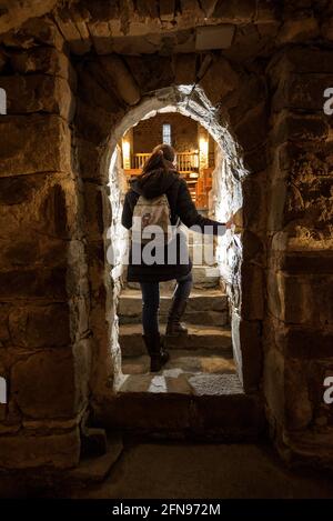 Chiesa romanica di Santa Maria de Cap d'Aran, a Tredòs, vista sulla cripta, l'unica che è conservato nelle chiese della Valle d'Aran Foto Stock