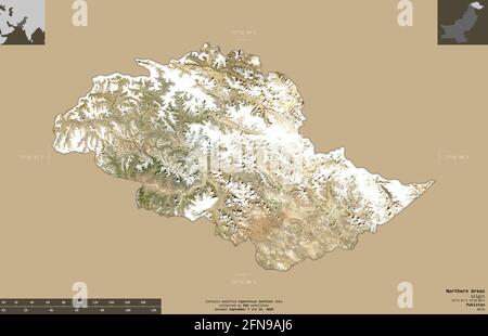 Aree settentrionali, area amministrata centralmente del Pakistan. Immagini satellitari Sentinel-2. Forma isolata su fondo solido con sovrapposizioni informative. C Foto Stock