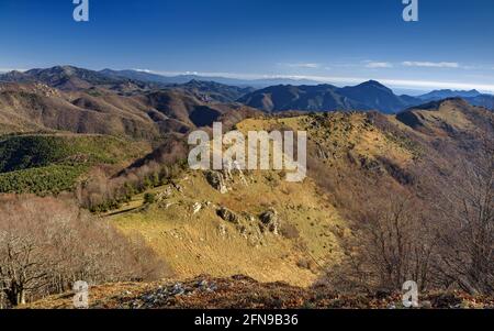 Camminando dalla cima di Comanegra verso la vetta del Puig de les Bruixes attraverso la catena Serra Llarga de Monars (Garottxa, Catalogna, Spagna, Pirenei) Foto Stock