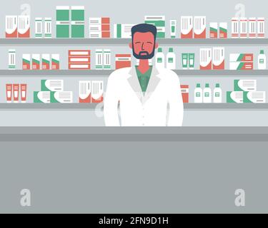 Banner Web di un farmacista. Giovane uomo sul posto di lavoro in farmacia: In piedi davanti agli scaffali con farmaci. Immagine piatta vettoriale Illustrazione Vettoriale
